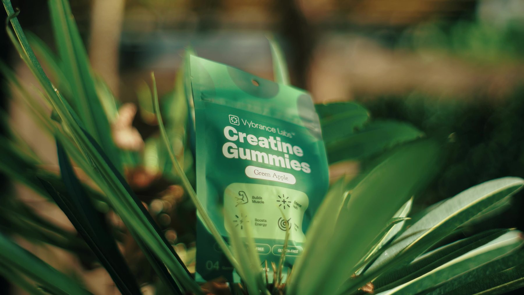 A Vybrance Labs creatine gummies pack in the plants at A Day of Vybrance