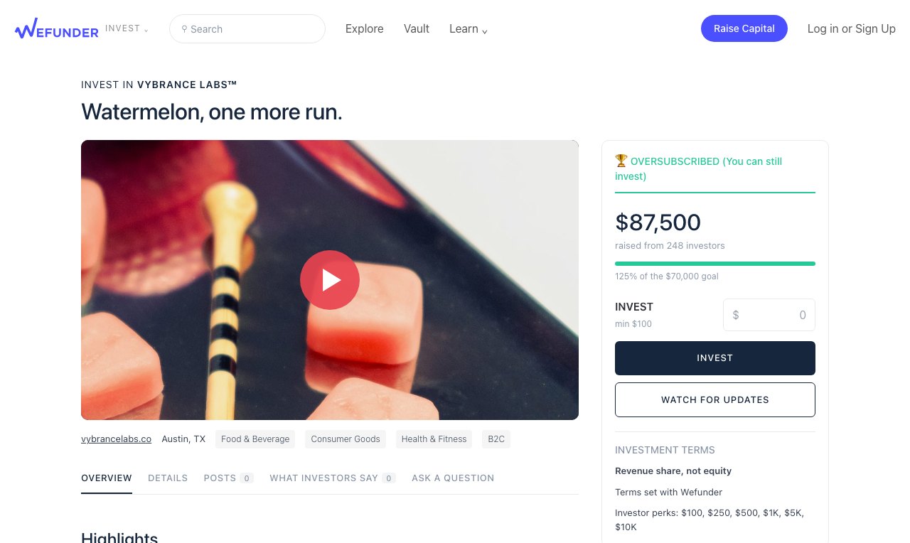 The sample Wefunder page for Vybrance Labs