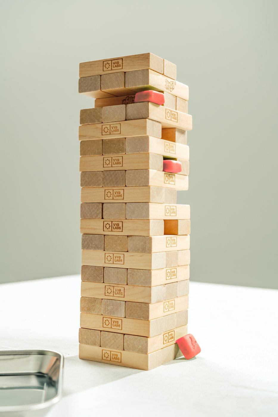 The custom VYB LABS Jenga set